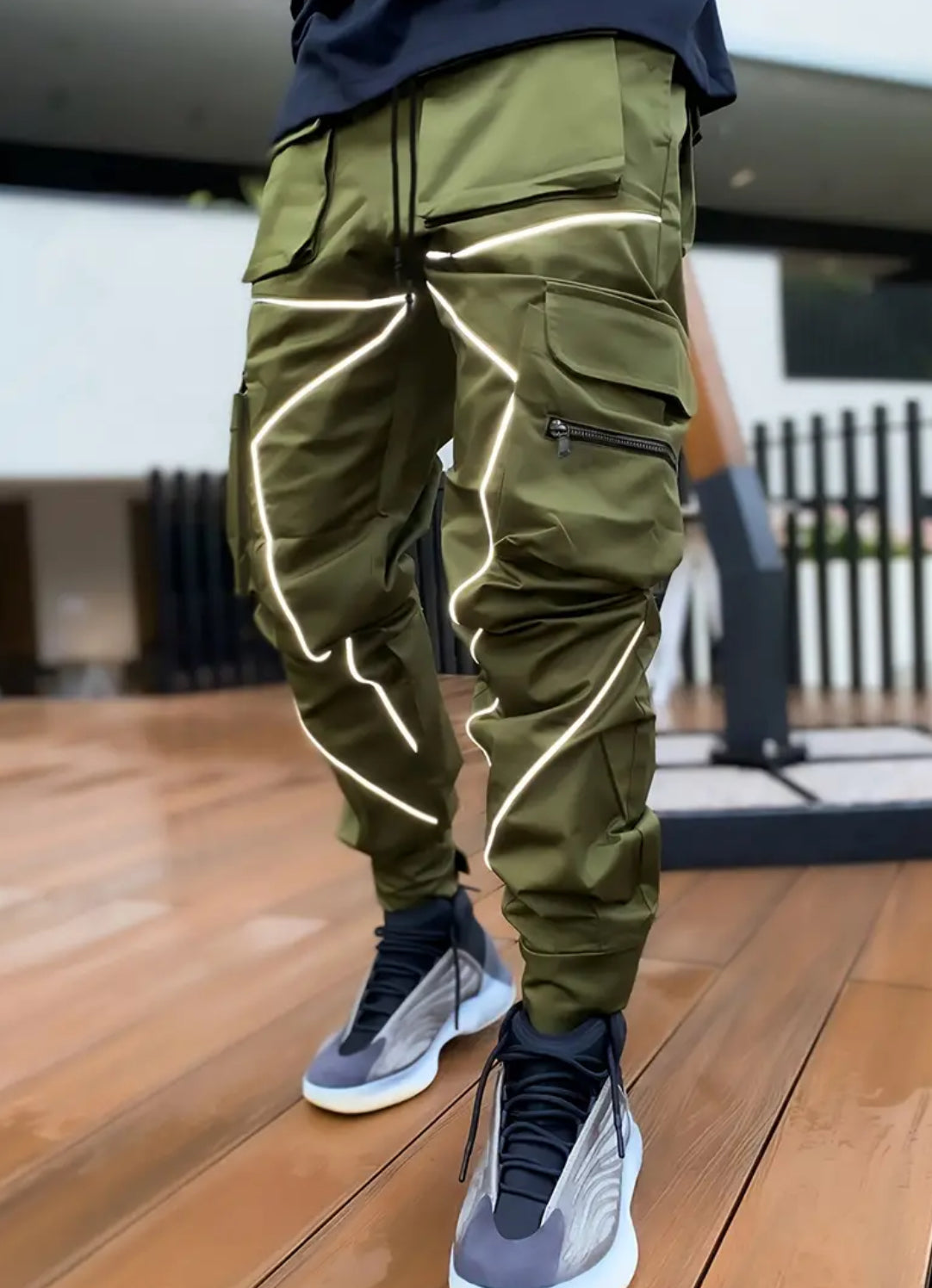 Men's Cargo Pants - Loose Straight Sports Joggers with Multi Pockets & Reflective Details