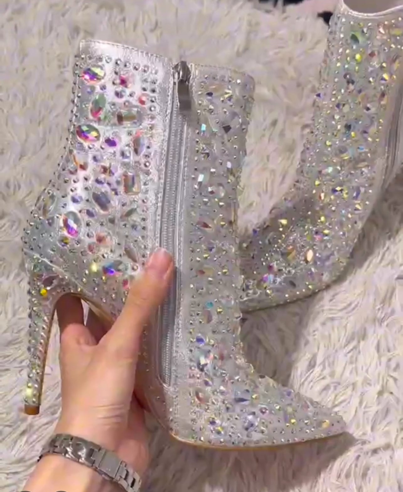 “Silvery Sparkling Rhinestone” Embellished Bootie - Mid High Heel, AB Rhinestones, Luxurious Design, Elegant Style