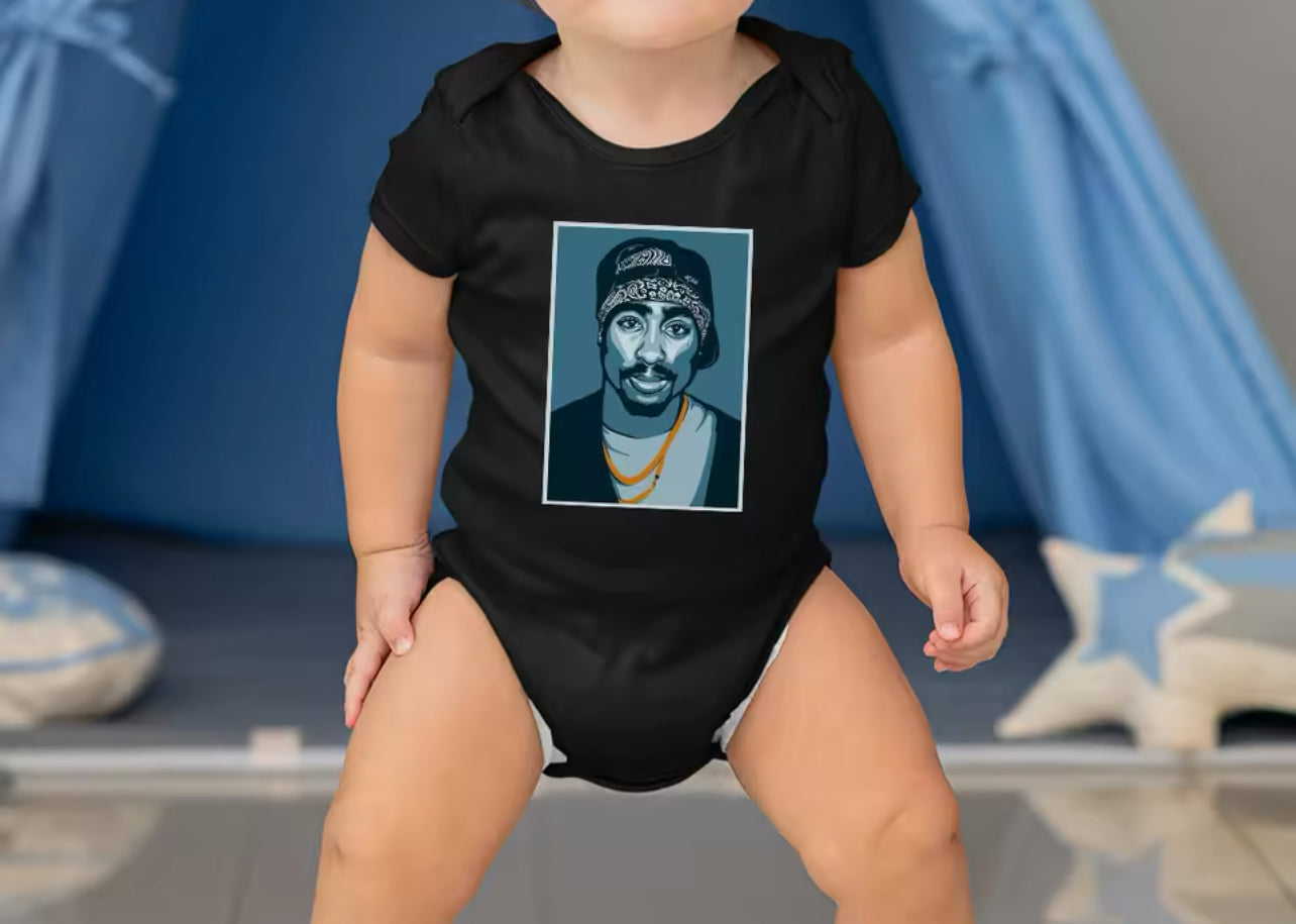 “Tupac” Rapper Dark Colors Pop Art, Hipster Infant Onesie, Boy+ Girl