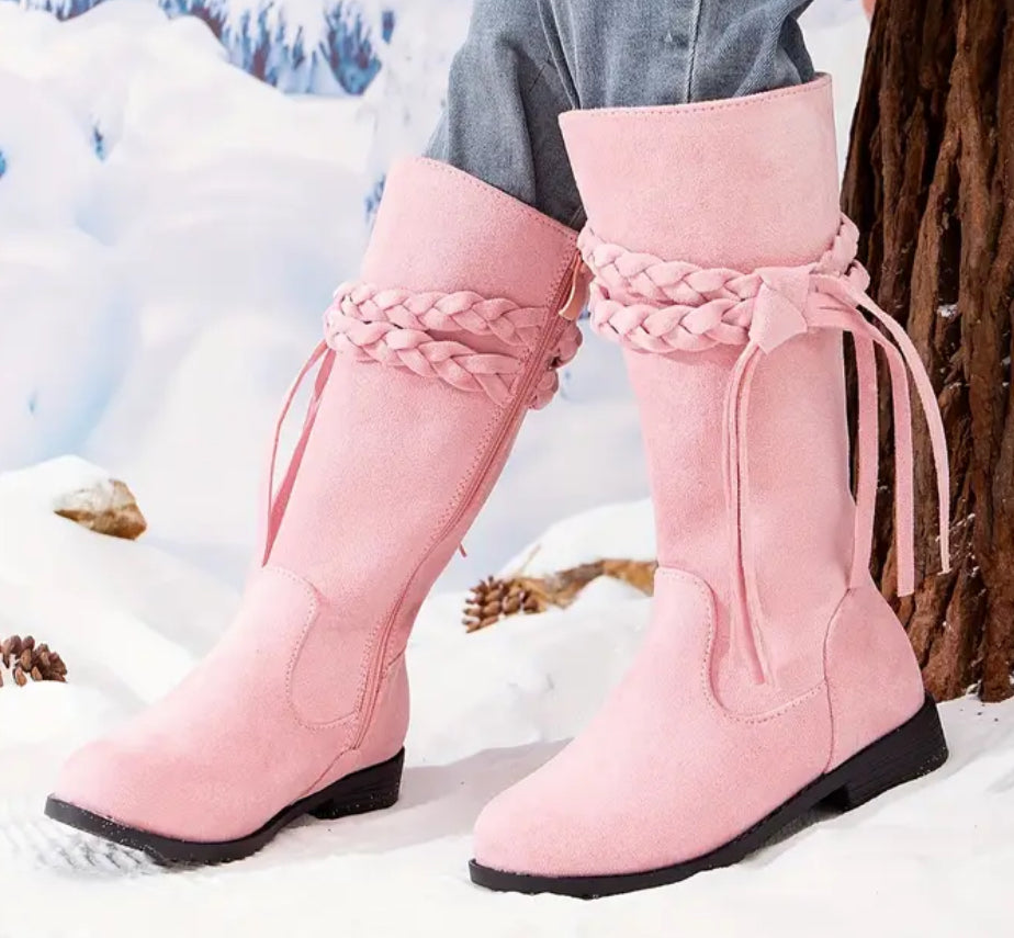 “Indie Princess Boots” Braided Tassels, Warm Fleece-Lined, Zip Closure, Knee-High Winter Riding Boots