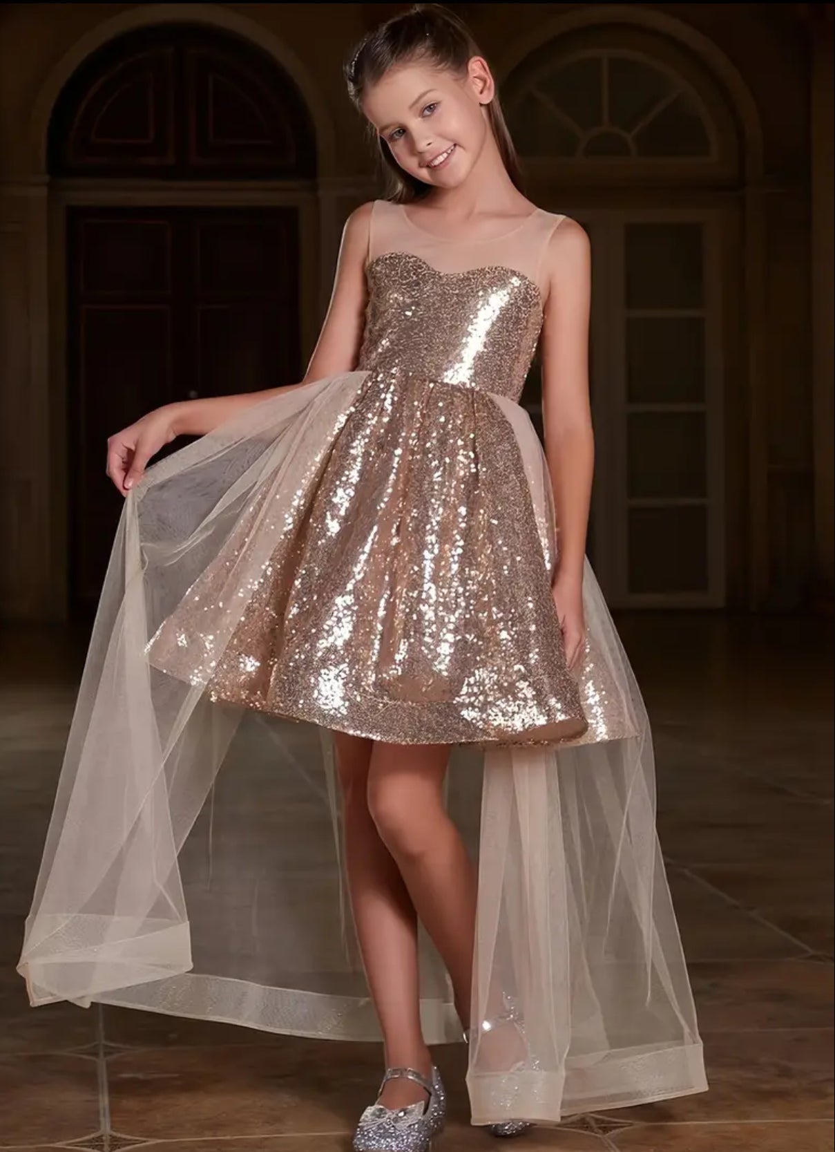 Girls' Sparkling Sequin Dress With Tulle Overlay, Long Formal Gown