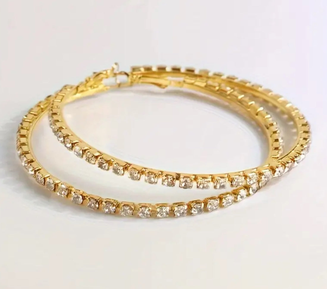 Large Exaggerated, Full Rhinestone, Silver or Gold Plated Hoop Statement Earrings