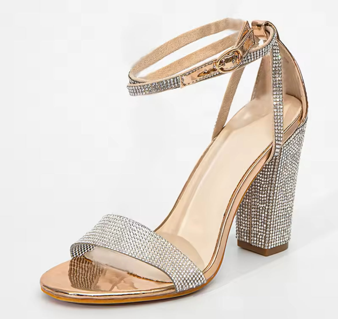 Glitter Rhinestones, Women’s Square High Heels with an Open Toe Crystal Ankle Strap