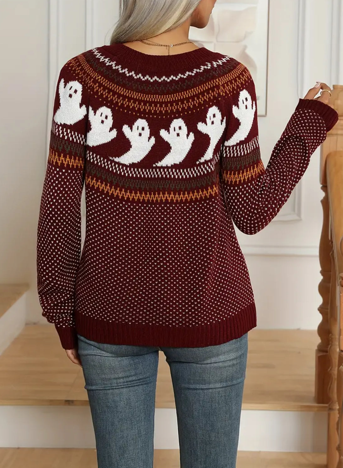 “Boo” Ghost Pattern Pullover Sweater, Vintage, Long Sleeve Crew Neck