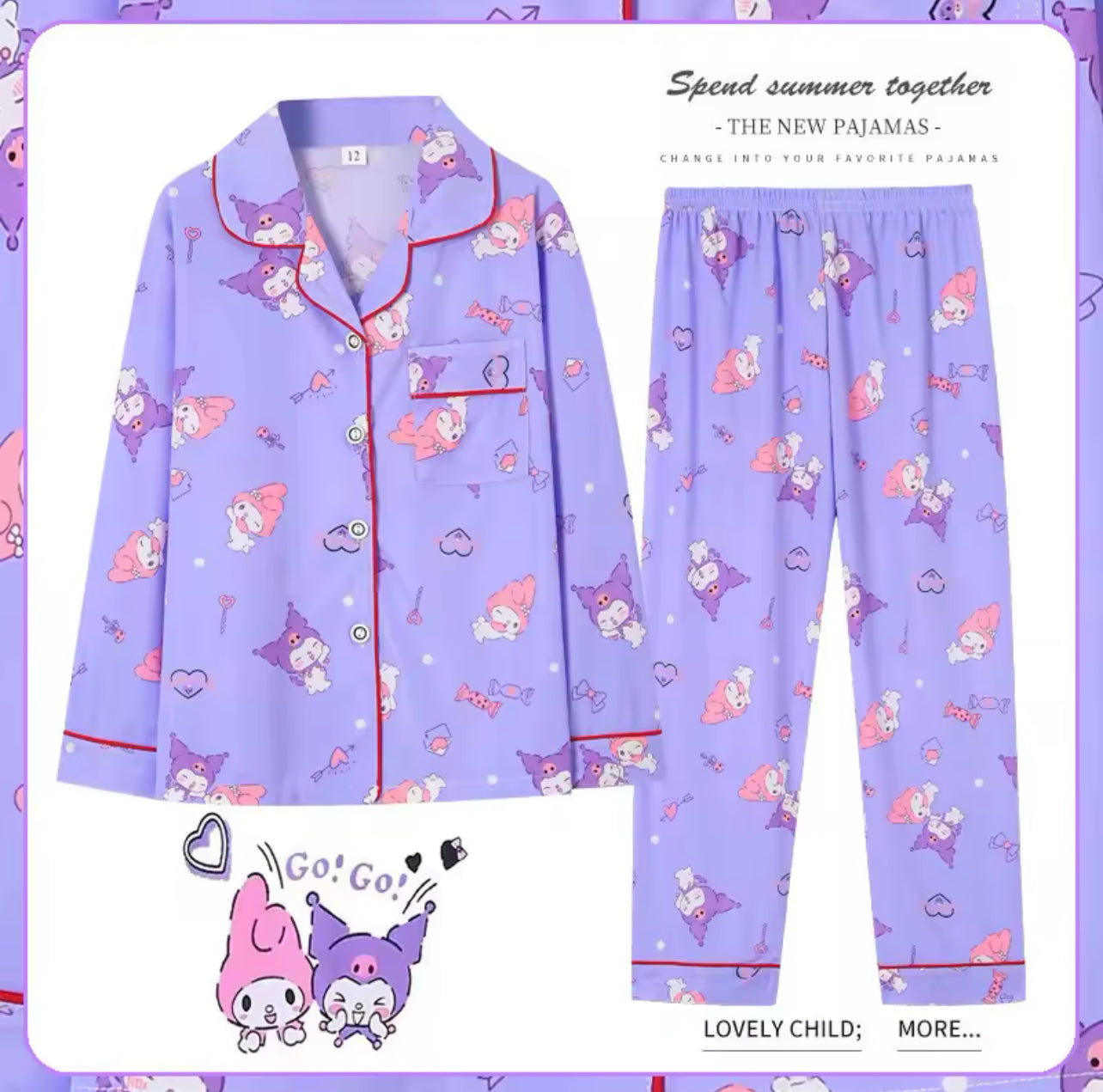 2pcs Kids “Hello Kitty & Friends” Pajamas, Long Sleeve Top & Pants Set, Loungewear