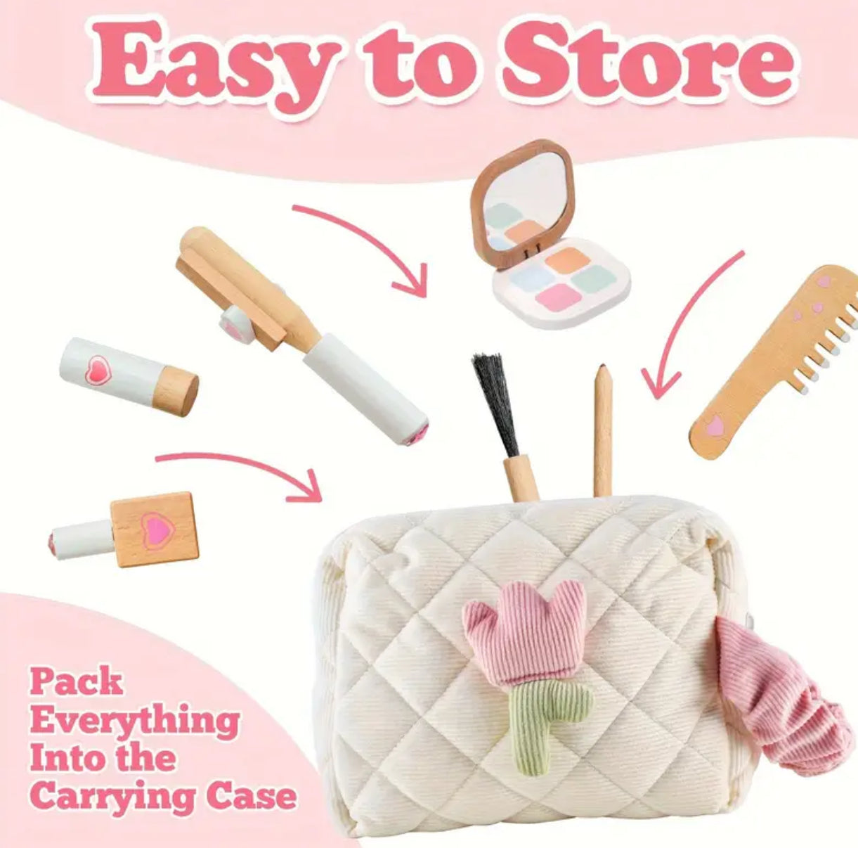 Wooden Makeup Kit, Pretend Play Beauty Salon,Cosmetics and Storage Bag Age 3+