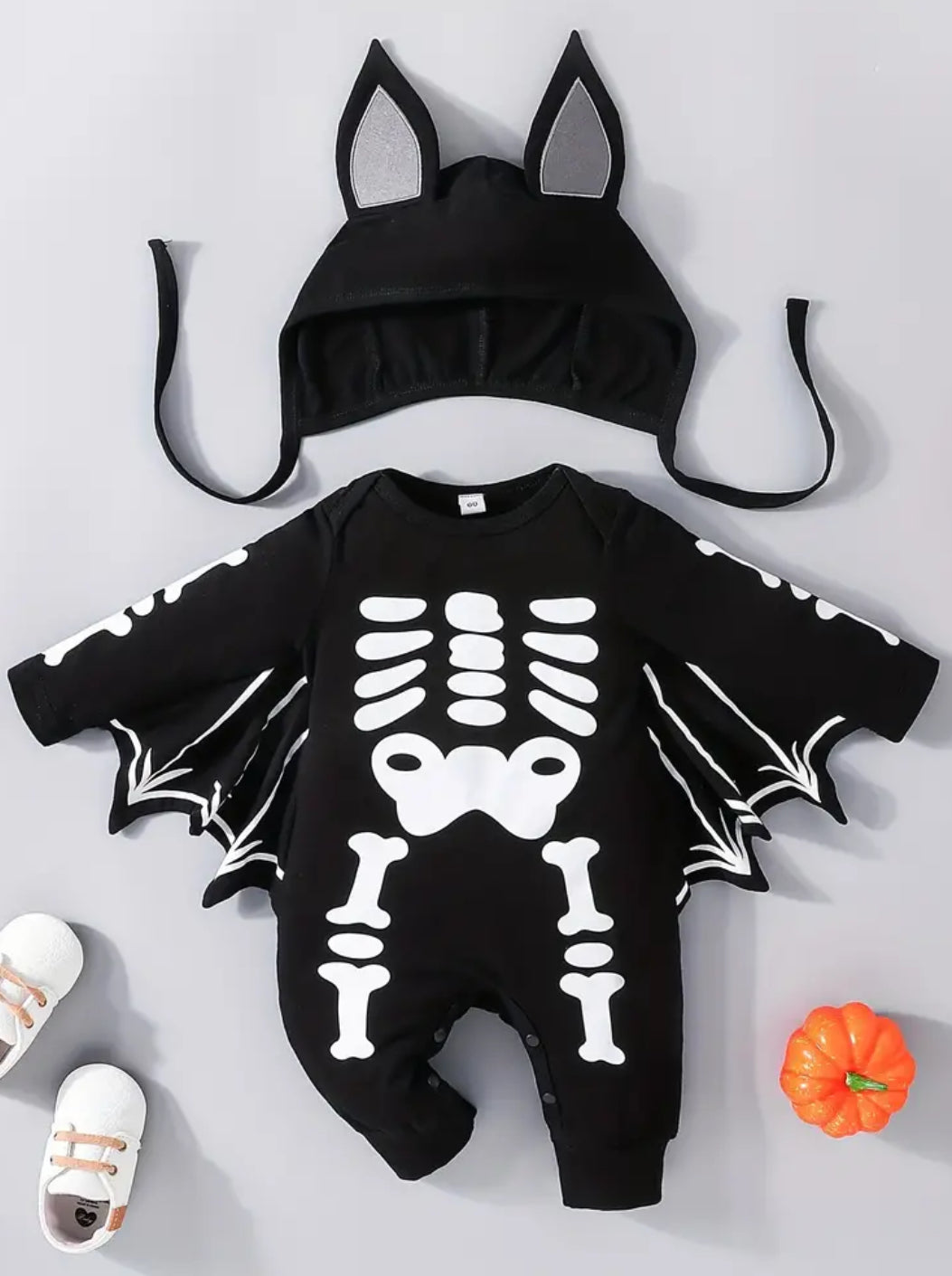 Halloween Outfit - Bat Shape Skull Print Long Sleeve Romper + Hat, Baby Dress Up