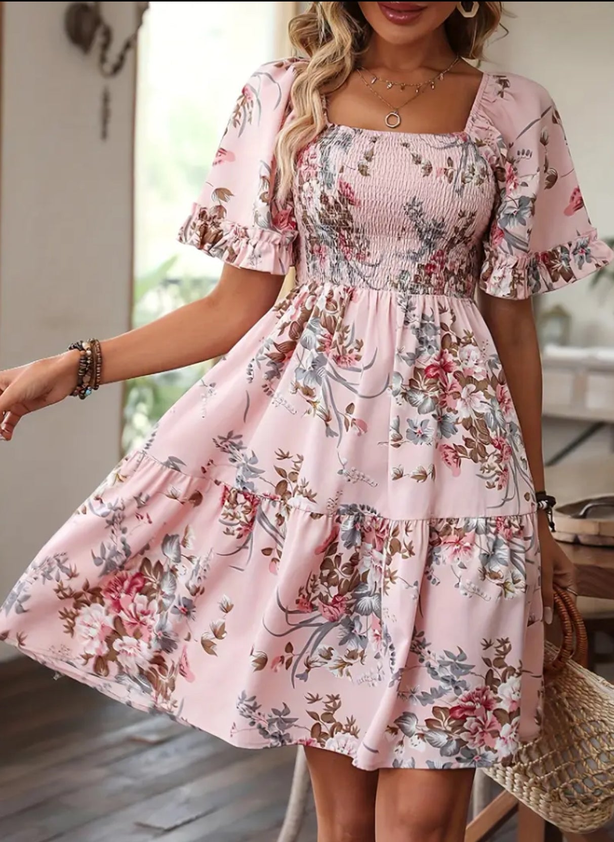 Blush Floral Print Dress with Shirred Waist and Short Sleeves