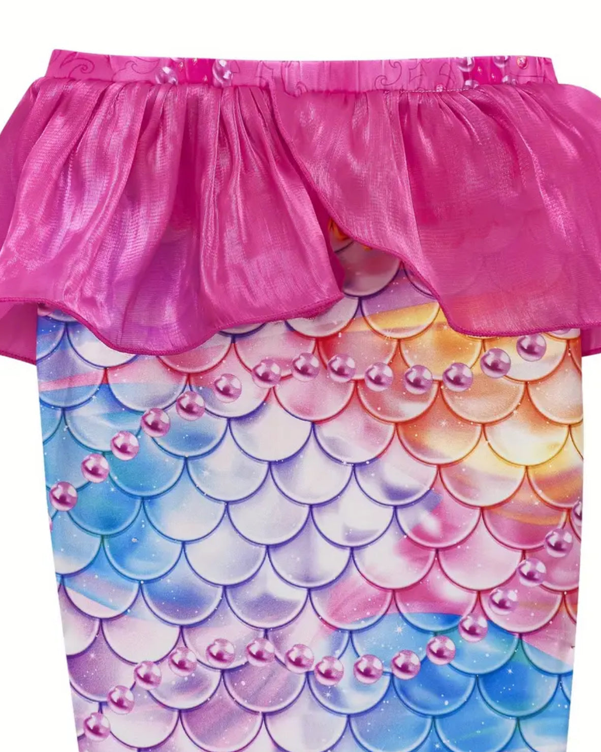 Mermaid Girls 4PCS, Frill Trim Mermaid Tail Skirt, Fin,Halter Top + Bottom Fish Scale Swimsuit.