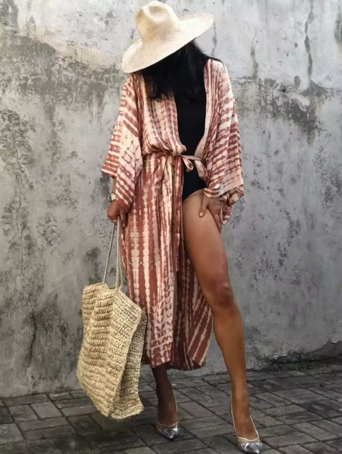 Color Wash Belted Pareo Bohemian Beach Kimono Dress