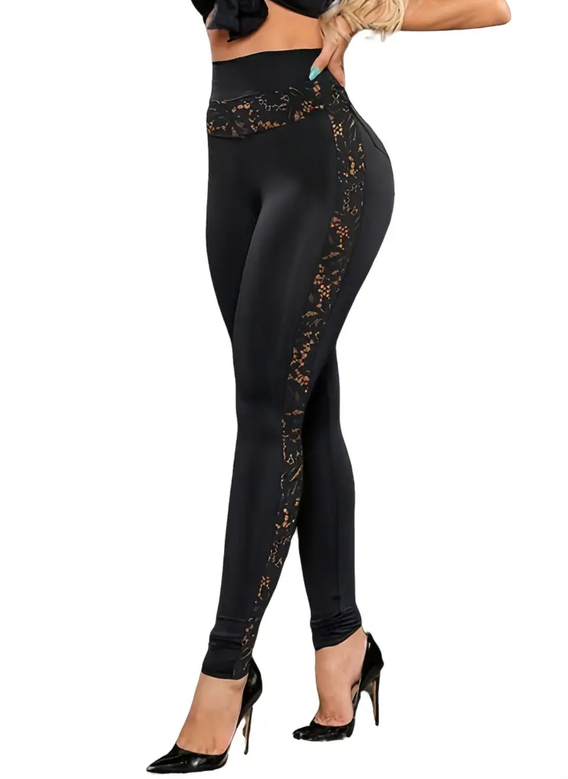 High-Waisted Booty Lift Lace Trimmed Leggings | European Style