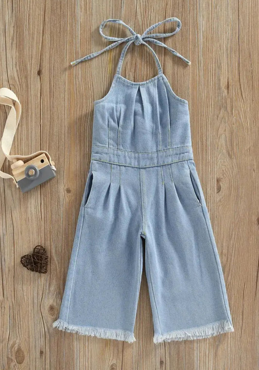 Girls “Stylish Denim” Jumpsuit, Tie-Up Halterneck, One Piece 🌵🌷