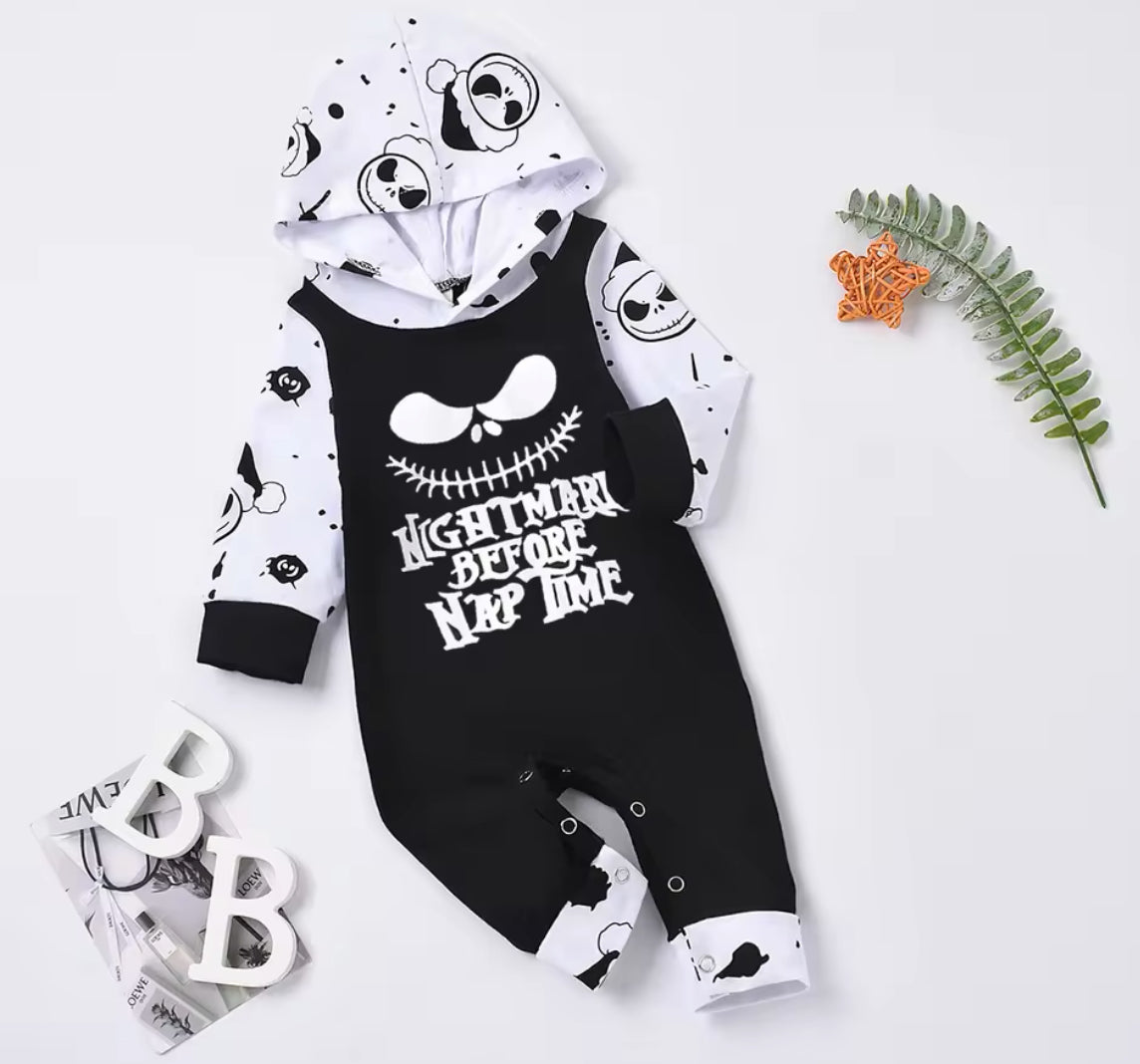 “Nightmare Before Nap” Long Sleeve Hooded Romper 🎅🏻🎃