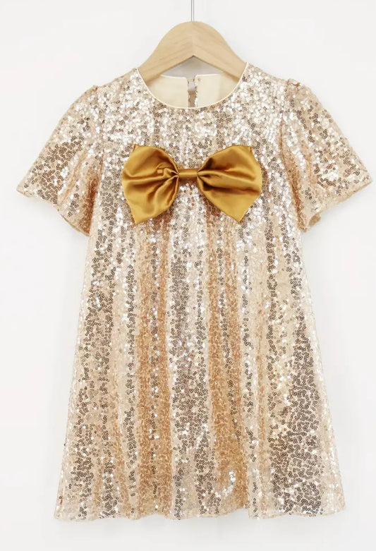“Golden Bows” Allover Sequins Short Sleeve Dress