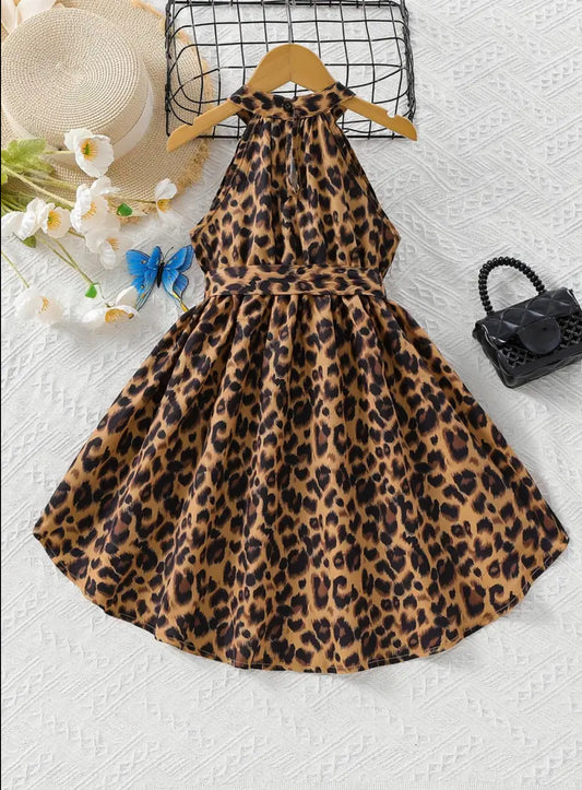 Vestido con cuello halter y estampado de leopardo para niñas