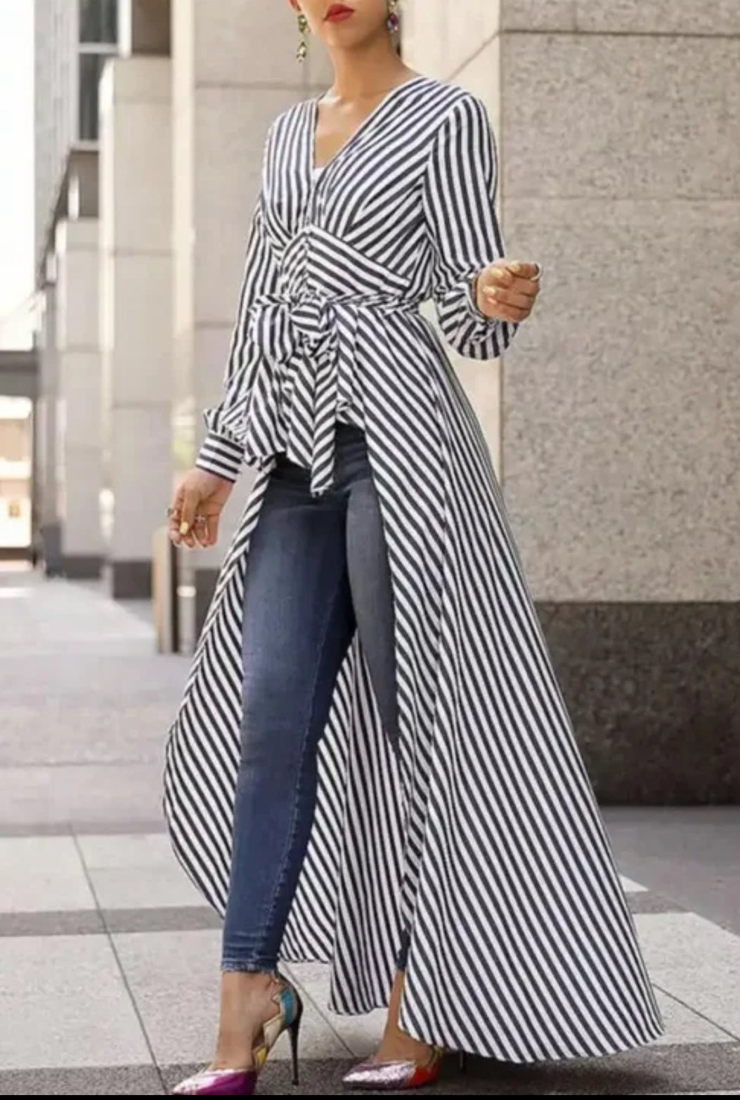 Casual Fashion Bosses, Women Stripe, Long Sleeve V-Neck Blouse