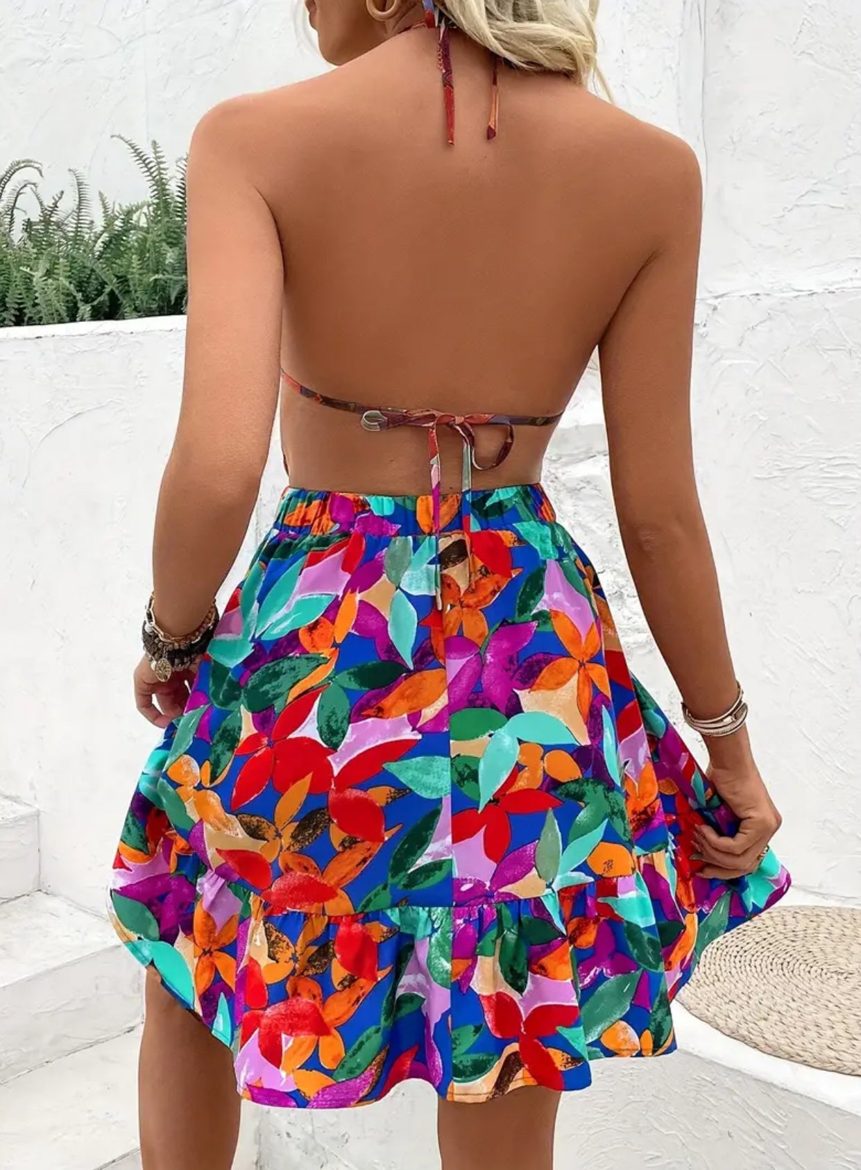 “Caribbean” Tie Backless Halter, Sleeveless Plunge Neck Waist Dress