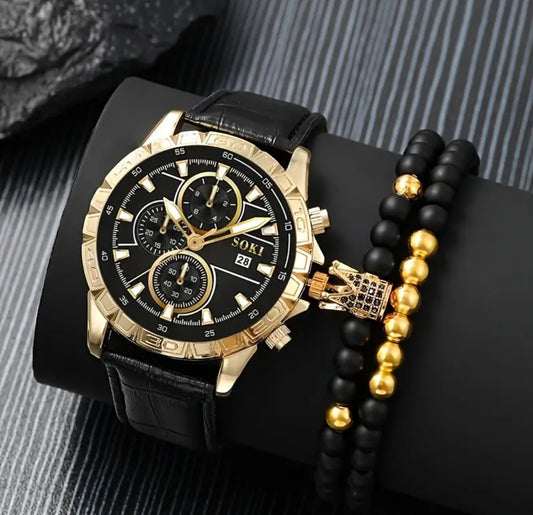 Noir King, 1pc Men's Calendar Quartz Luminous Watch & 2pcs Bracelet (Watch Set) Sugar Daddy 🎩 Collection