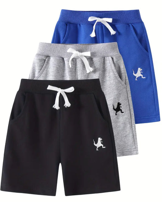 Toddler Boys' Cotton Athletic Shorts With Pockets - Pull-On Design, Dinosaur Embroidery