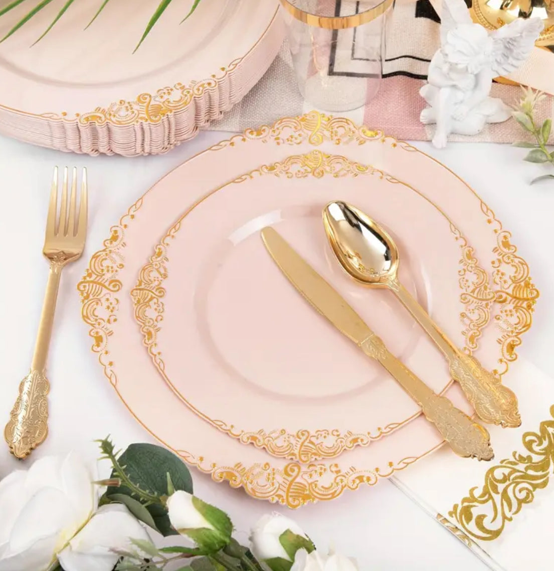 Pretty Pink and Gold Plastic Plates - Plastic Dinnerware Sets for 50 Guests, 350 pcs