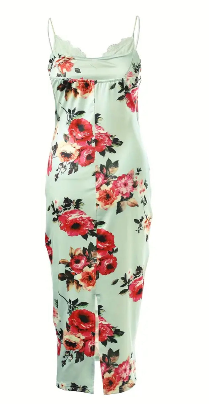 Floral Spaghetti Strap, Elegant Split Back, Bodycon Cami Dress