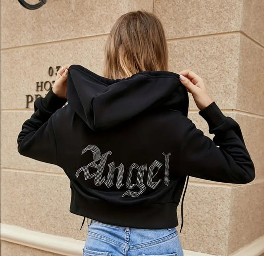 Black “Angel” Casual Drop Shoulder Long Sleeve Hoodies Sweatshirt, Zipper Front