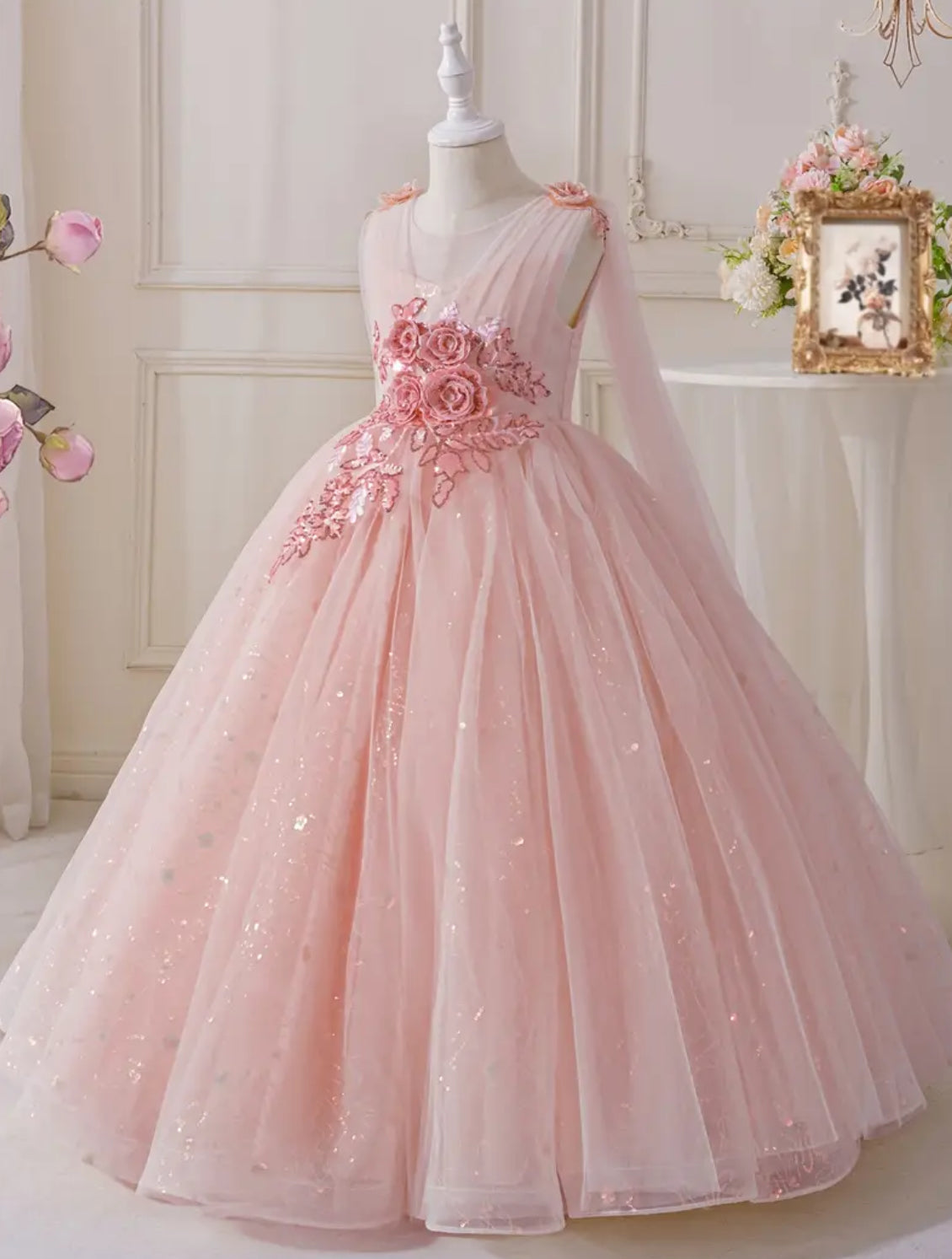 Girls' Evening Gown with Floral Embroidery, Long Tulle Shawl & Sequin Details