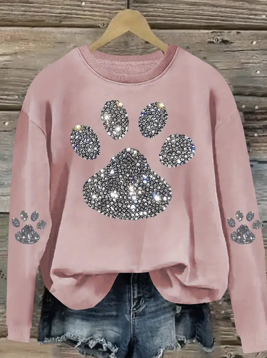 0XL-14XL, Posh Plus 💋  Rhinestone Paw Print Sweatshirt Women - Crew Neck, Casual Pullover with Slight Stretch