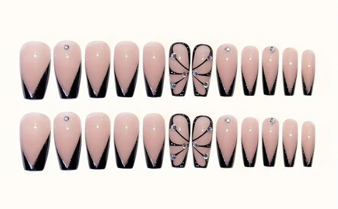 24pcs,  Black French Tips & Unique Designs