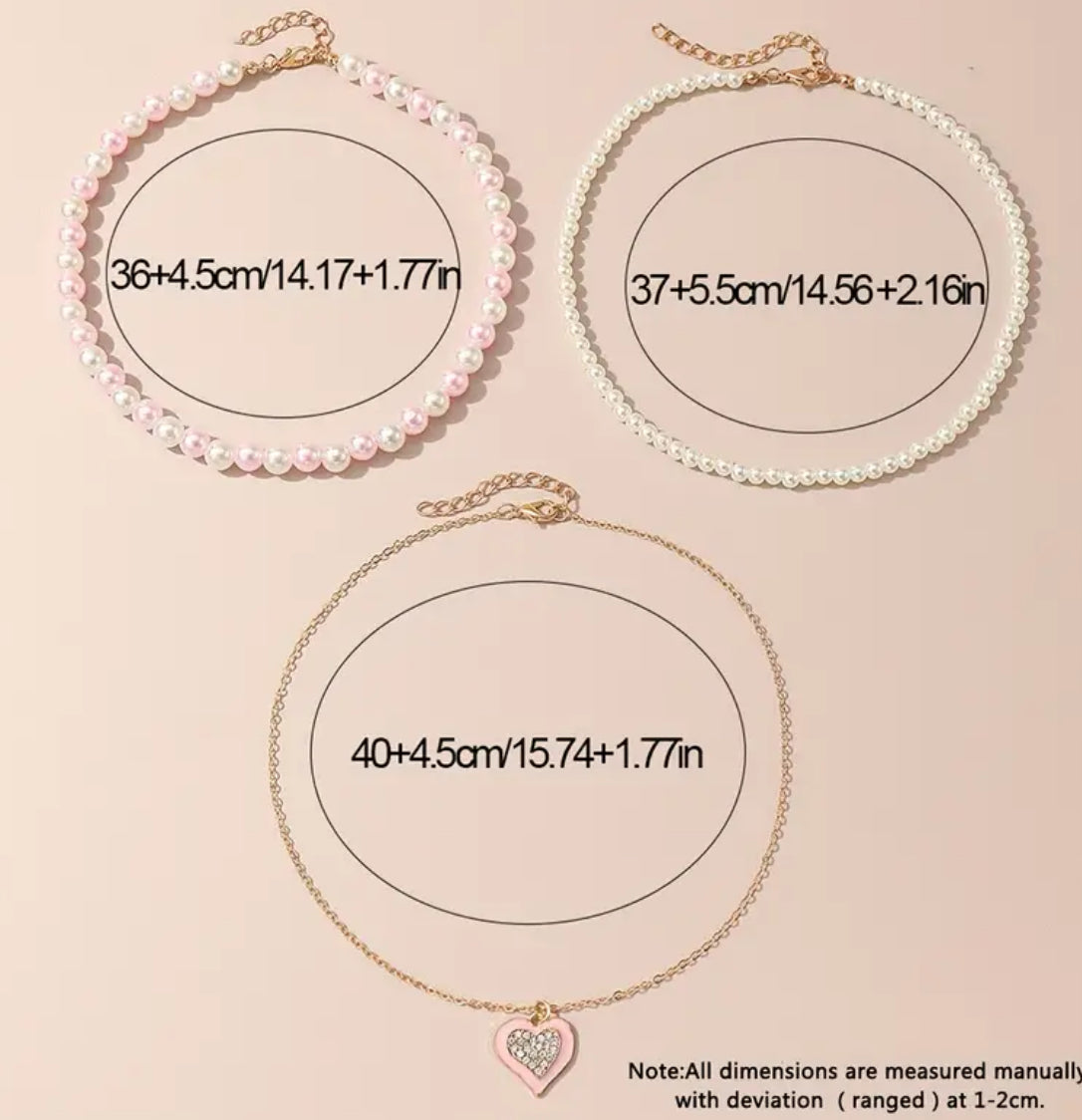 3 copë, Set gjerdanesh artificiale “Pearl Heart”, bizhuteri elegante dhe të ëmbla