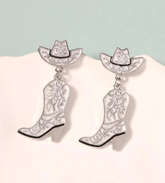 White Cowboy Boots Drop Earrings, Western 🪴🌵🌷 Collection