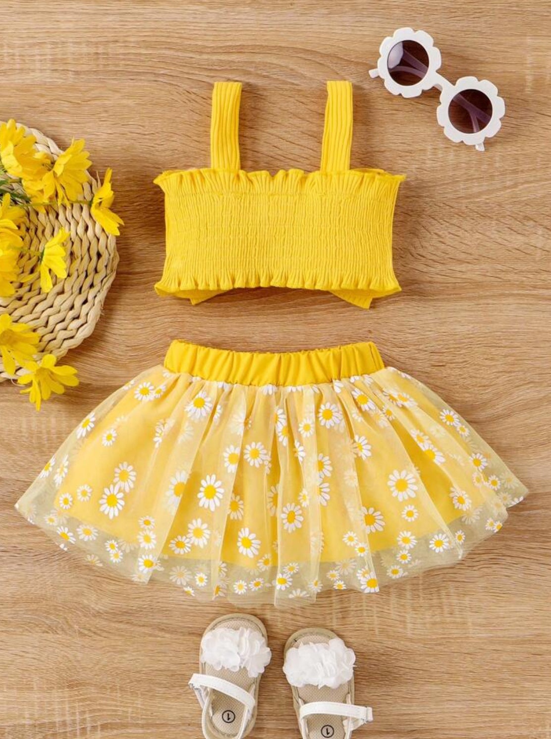 Baby Girl Bowknot Tank Top & Daisy Tulle Skirt Set