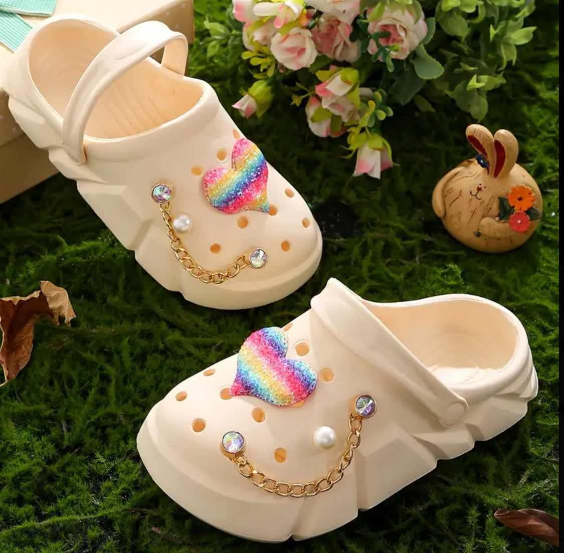 Girls Clogs with Heart Sequin Chain Decor, Water & Slip Resistant