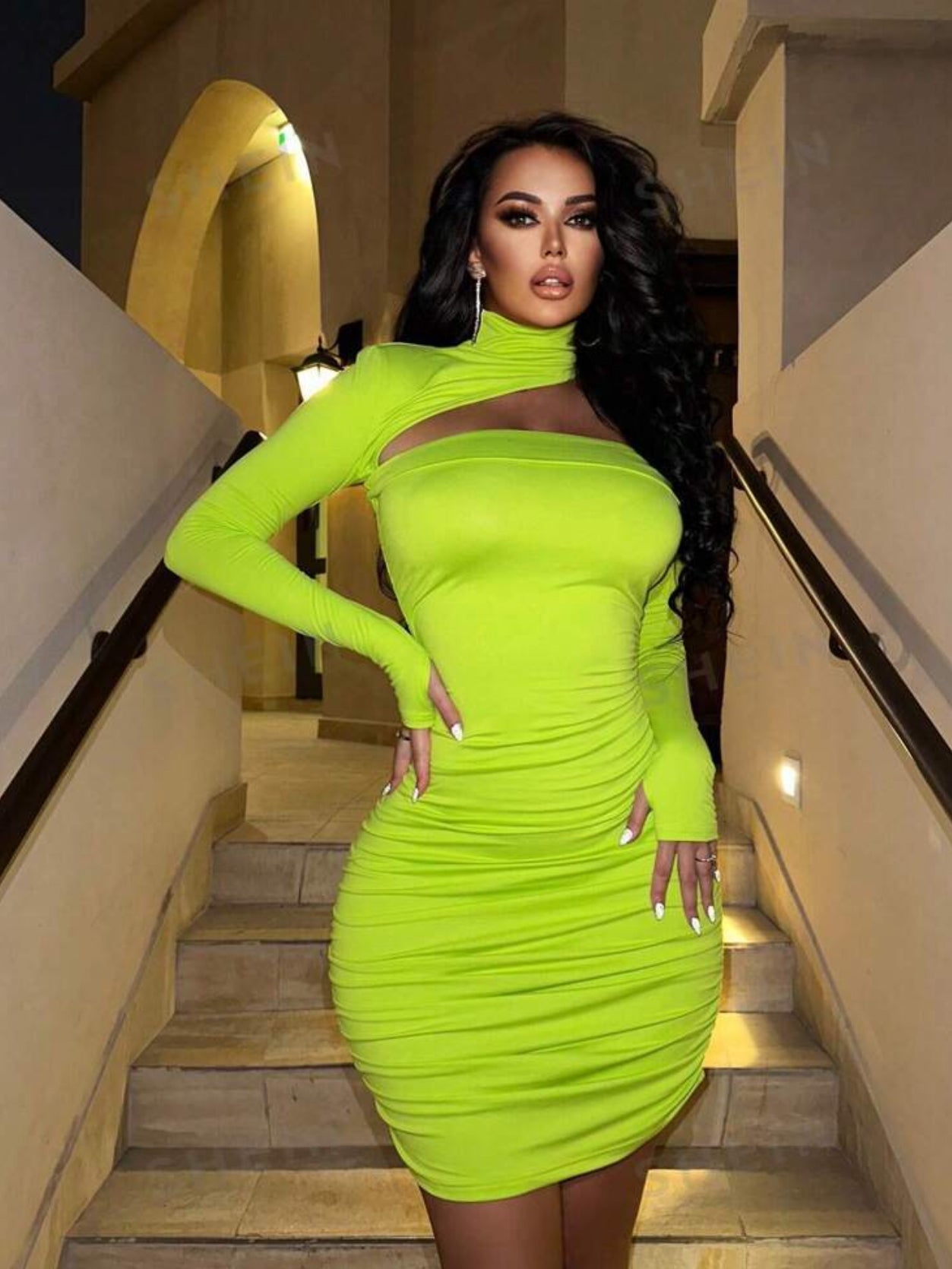 “Neon U” Long Sleeve, Ruched Bodycon Dress, Cut Out Shoulder