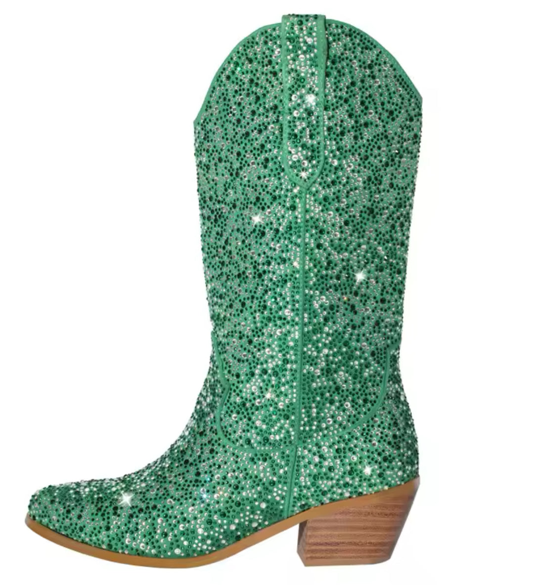 “Western & Rhinestones” Cowboy Boots, Stacked Block Heel, Mid Calf, Zipper Closure, PU Faux Leather Upper