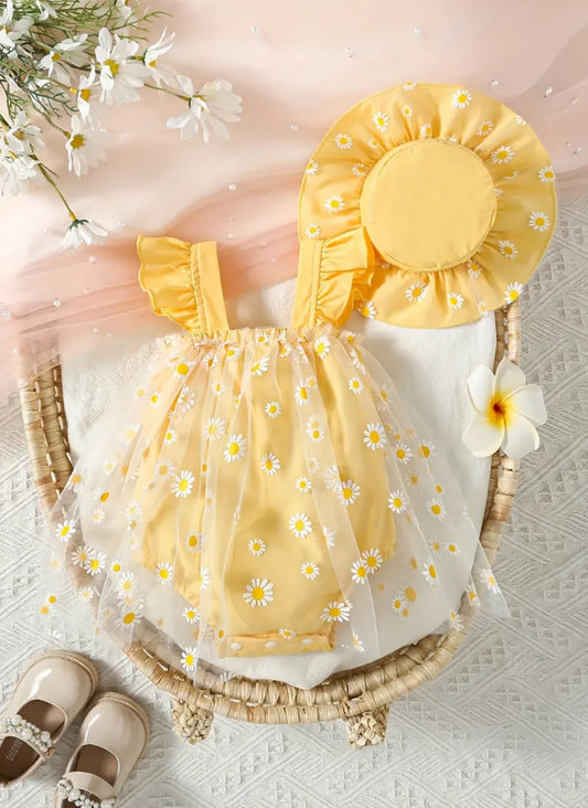 Baby Girls Daisy Print Mesh Ruffle Bodysuit Dress + Sun Hat Set