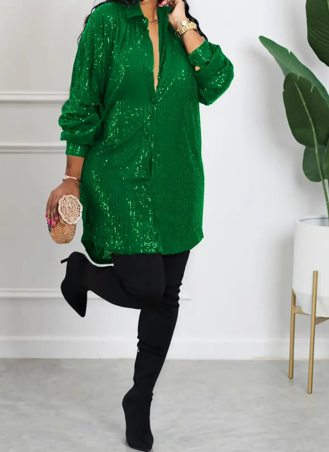 Plus Size Party Dress, Women's Sequin Button Up Long Sleeve Shirt Dress