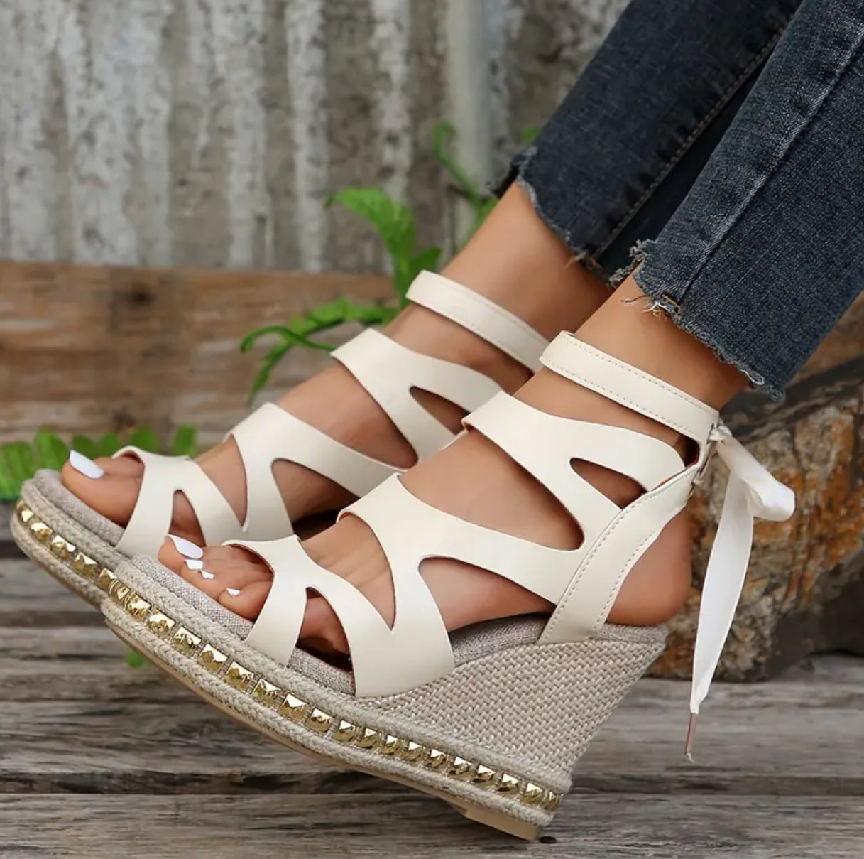 “Beige & Gold” Women’s, Stylish Lace Up Platform