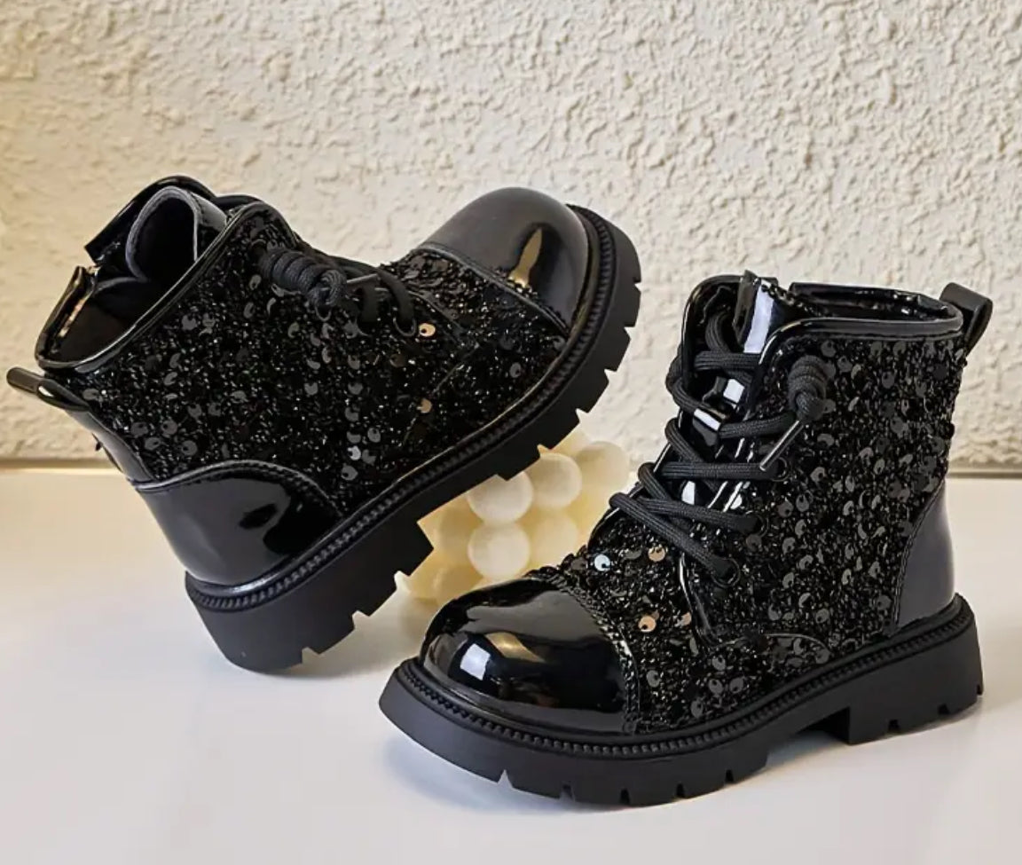 Girls' “Stars & Glitter” Low Tops, Sparkling Sequin Ankle Boots, Side Zip