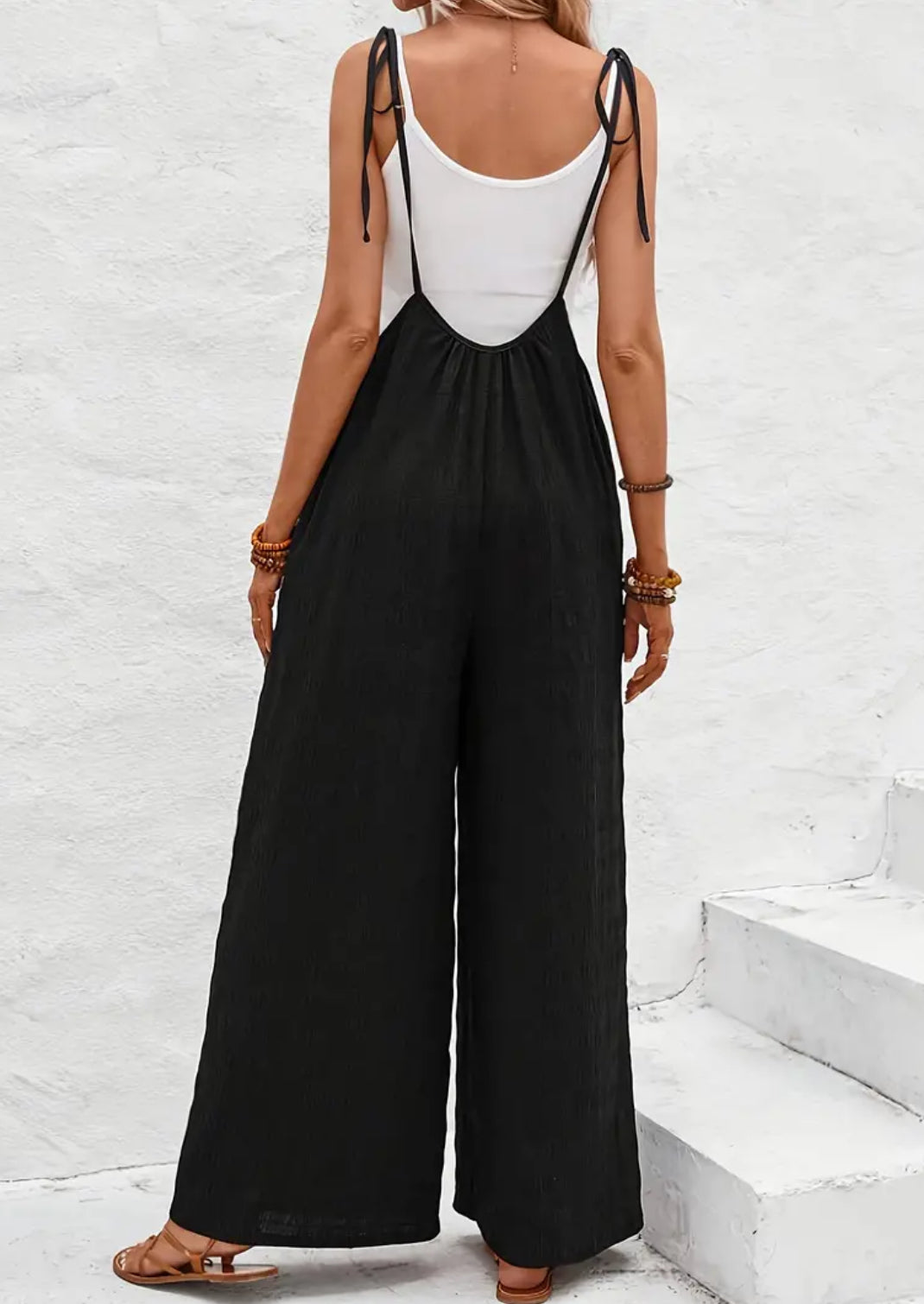 “Black Onyx” Elegant Spaghetti Strap, Knotted Wide Leg Jumpsuit