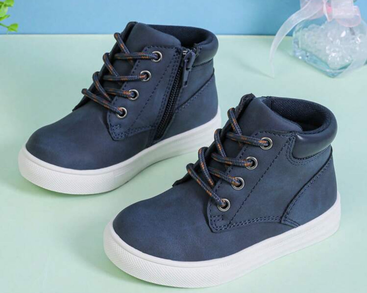 Boys Zipper Slip-On, Warm Short Boots, Waterproof Anti-Skid, Lace-Up, Casual, High-Top PU Leather