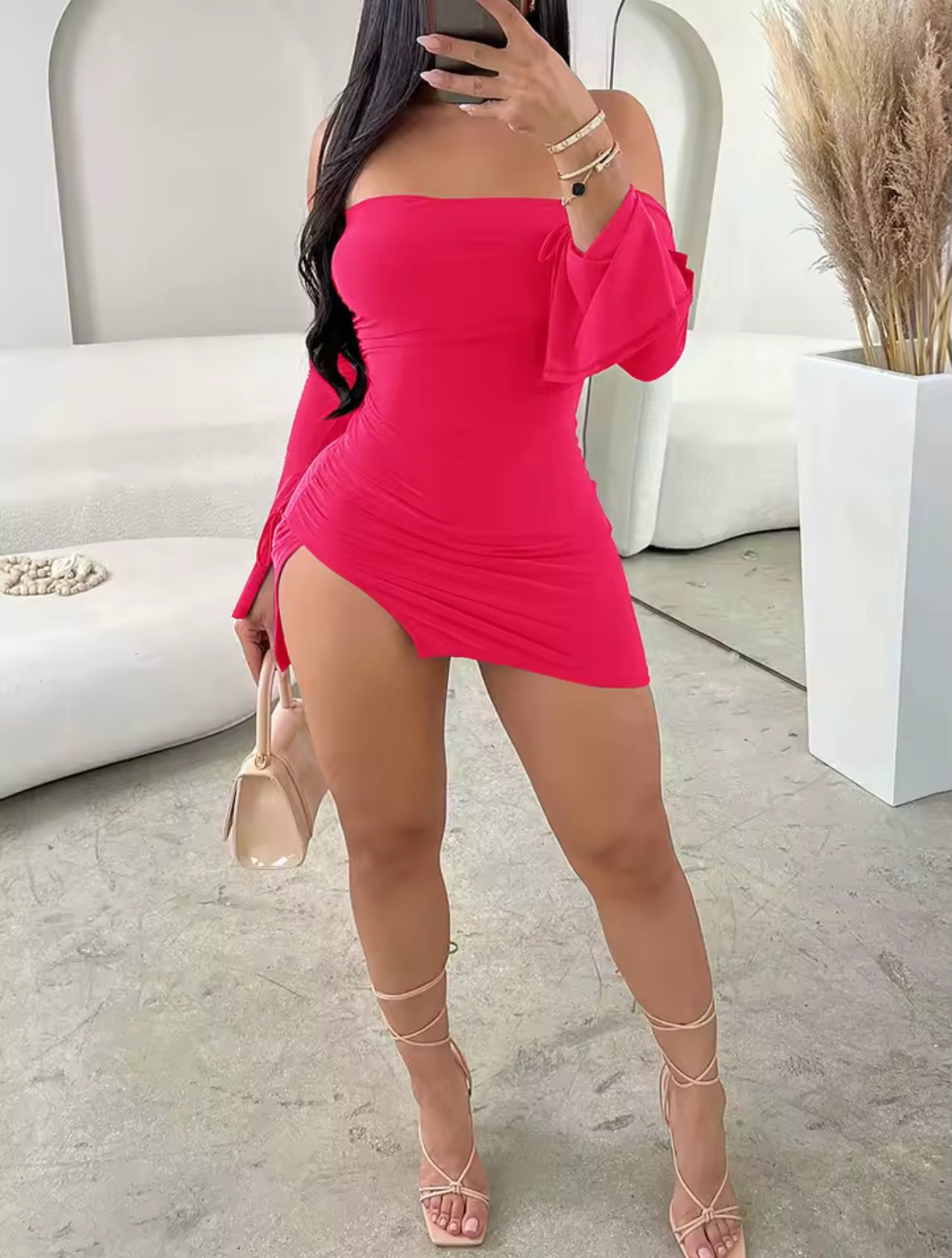 Club Dress Bodycon, Strapless Backless Mini Dress, Off-Shoulder Long Sleeve