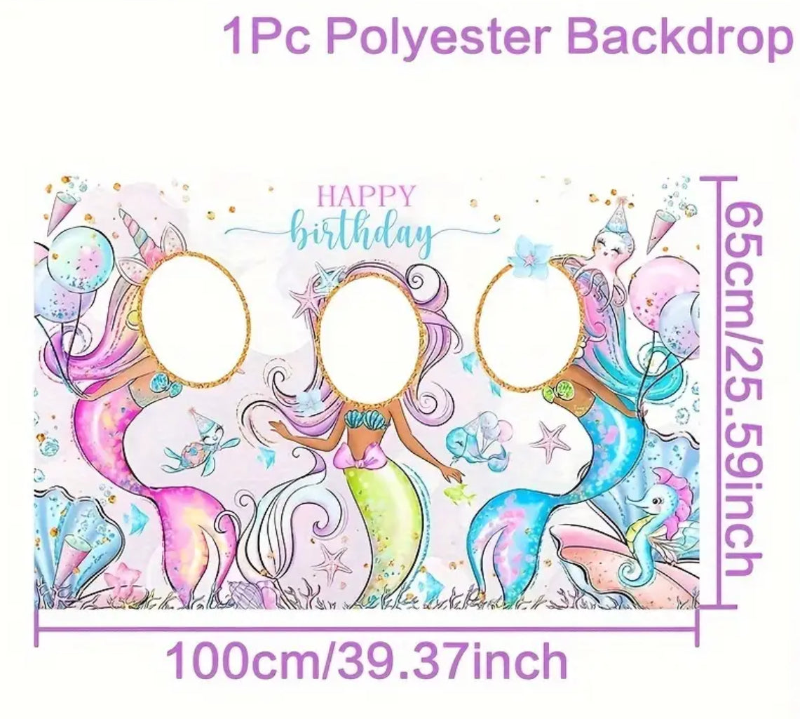 1pc, Happy Birthday Photo Frame, Mermaid Theme  Birthday Polyester Backdrop