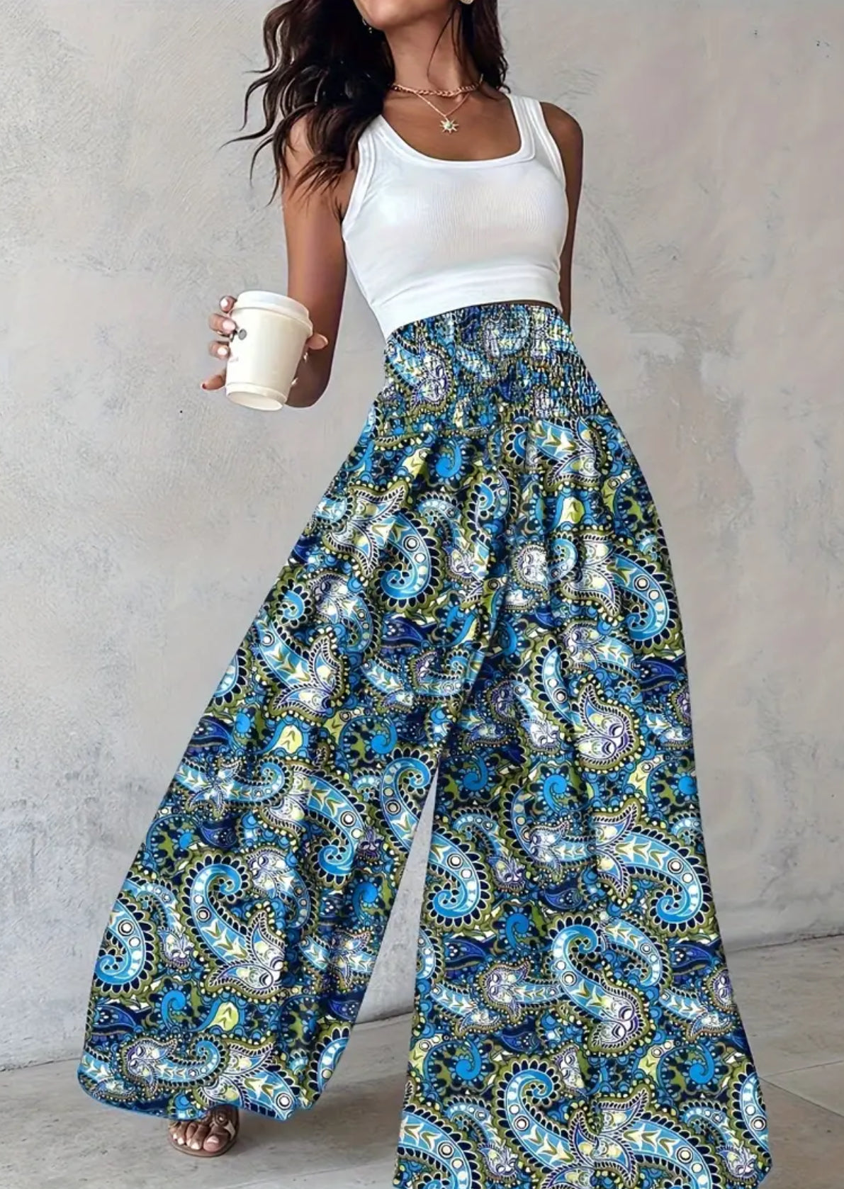 “Boho Floral” Shirred Waist, Floor Length, Wide Leg Pants 🔹