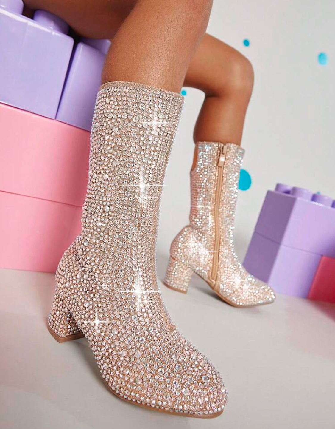 Girls “Swifty Rhinestone” Side Zipper, Chunky Heeled Boots ♥️🎤🎼