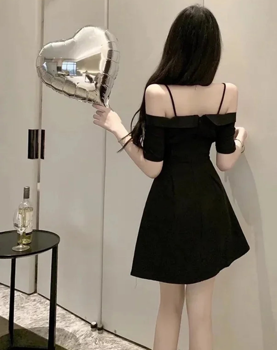 Elegant Mini Fashion Dress, Bow Slash Neckline, Women’s