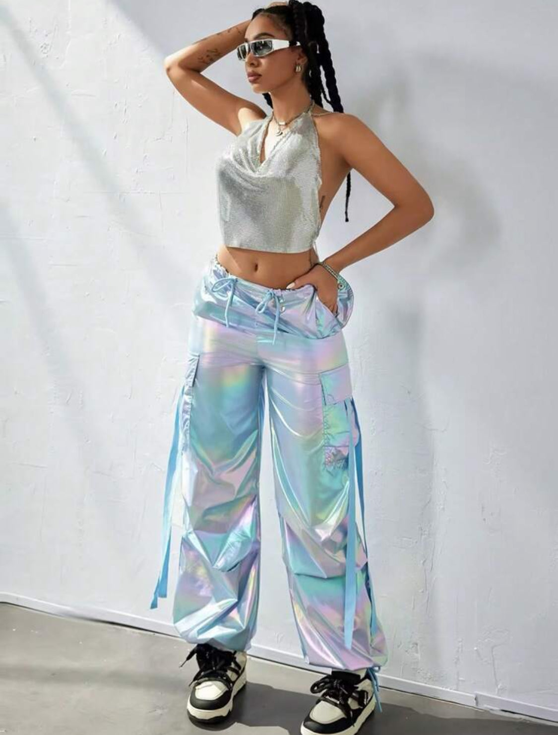 “Y2K Holographic” Flap Pocket, Tape Drawstring Waist, Wide Leg Parachute Cargo Streetwear