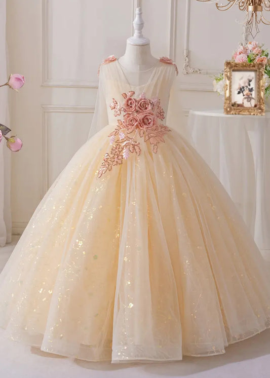 Girls' Evening Gown with Floral Embroidery, Long Tulle Shawl & Sequin Details