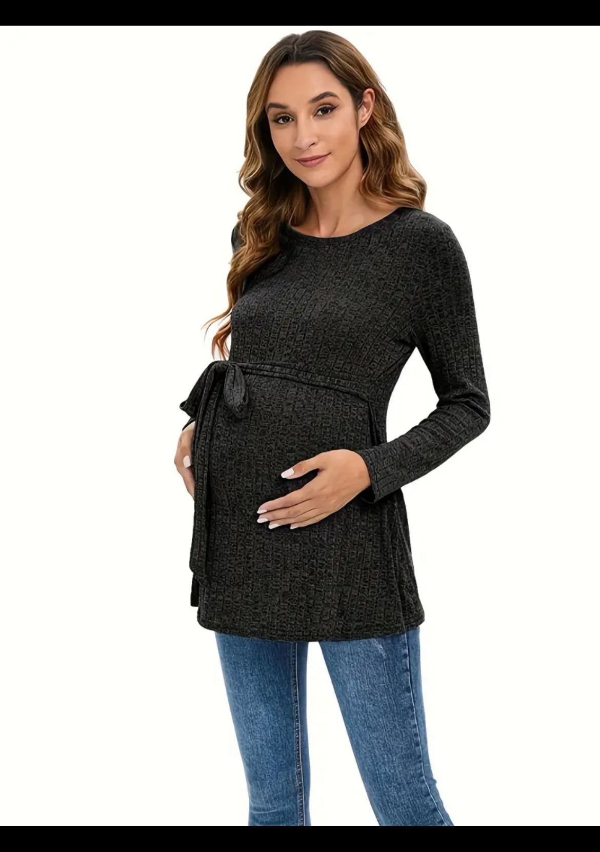 Women's Maternity Solid Textured T-shirt Knit Waist Belt Tops, Pregnant Women's Clothing