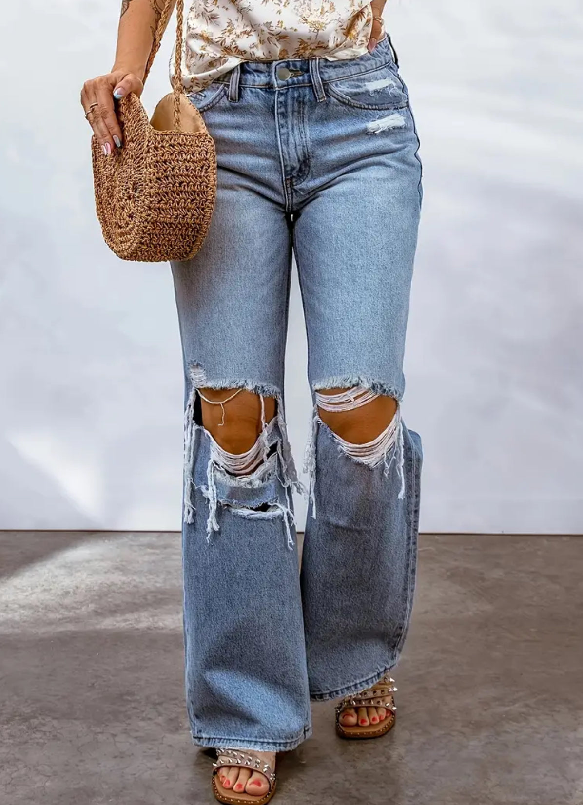 “Jeanie” Ripped Straight Leg Jeans, Casual Non-Stretch, Regular Fit, with Washed Detail